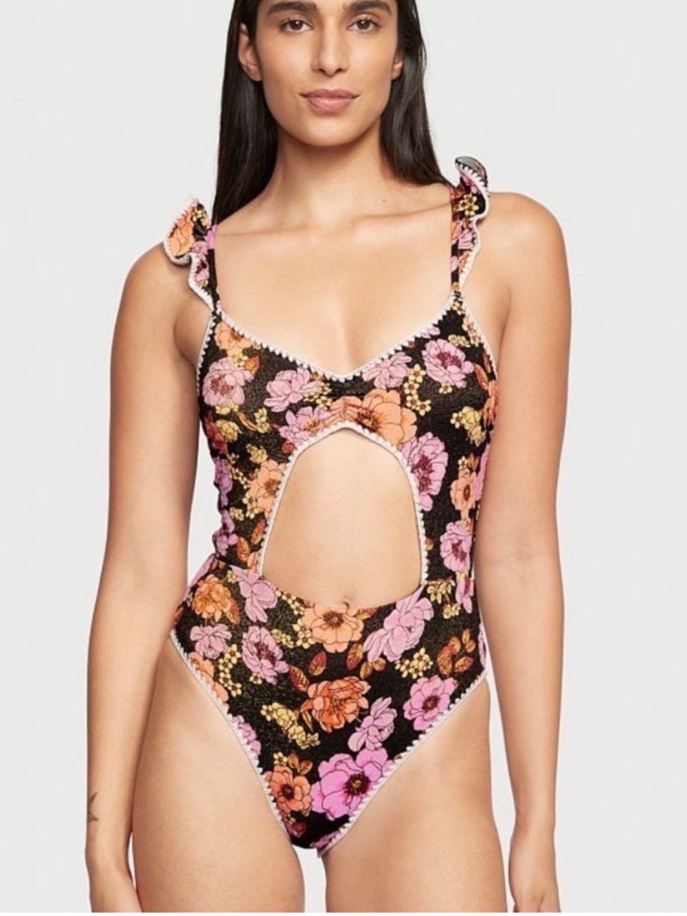 Victoria's Secret Monokini One Piece Floral Crochet Sparkle Open Bodice Size M